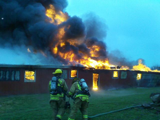 Barn Fire, Bucher John Rd. Many explosions from inside of the building caused firefighters to retreat and take defensive positions.