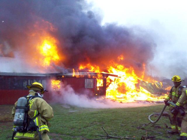 Barn Fire, Bucher John Rd. Many explosions from inside of the building caused firefighters to retreat and take defensive positions.